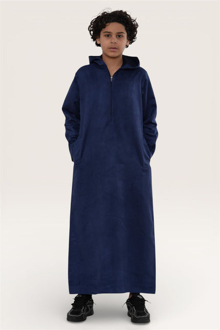 Kids Boys Hooded Eid Navy Blue Moroccan Jubba Robe Ramadan Eid Thobe - K-HM12