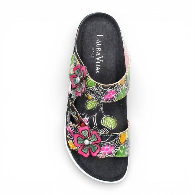 Laura Vita Women's Brcyano 32 Black Floral Leather Strappy Slipper Sandals