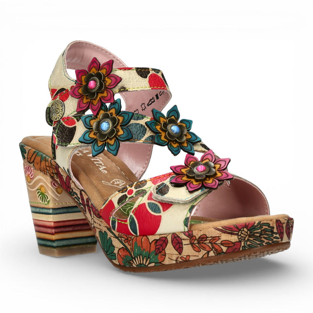 Laura Vita Women's Nellao 33 Beige Floral Leather Wedge Heel Espadrille Sandals