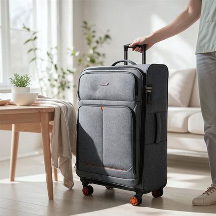 Soft Shell Black Linen Suitcase Set 8 Wheel Lightweight Travel Luggage