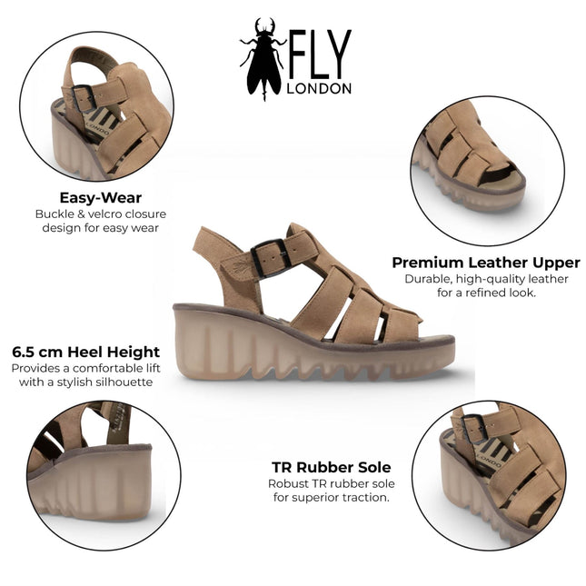 Fly London Women's BAIC621FLY Taupe Suede Leather Wedge Sandals