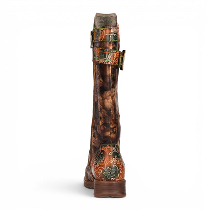 Laura Vita Women's Tan Floral Victorian Leather High Combat Long Boots - Anitao-21