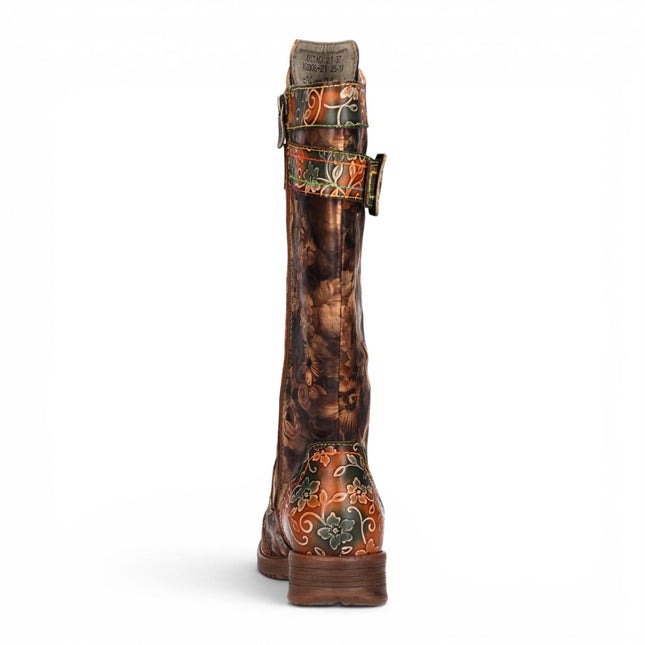 Laura Vita Women's Tan Floral Victorian Leather High Combat Long Boots - Anitao-21