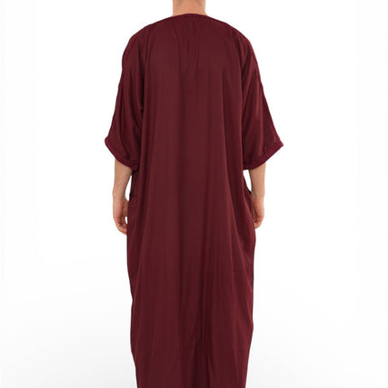 Men's Wine Red Moroccan Thobe Jubba Robe Eid Djellaba Gandoura - HM62