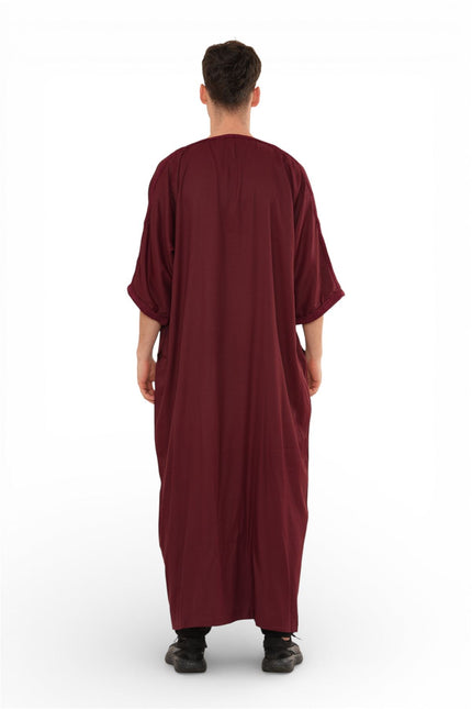 Men's Wine Red Moroccan Thobe Jubba Robe Eid Djellaba Gandoura - HM62