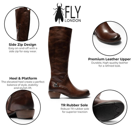Fly London Womens Brown Leather High Heeled Riding Long Boots - MISTRY