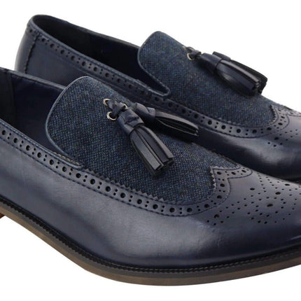 Mens Tasselled Navy Leather Tweed Brogue Slip On Loafers
