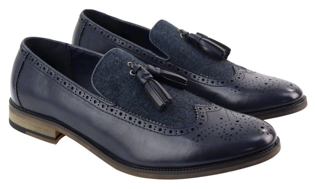 Mens Tasselled Navy Leather Tweed Brogue Slip On Loafers