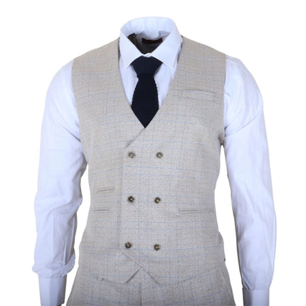 Men's Cream Plain Check 3 Piece Slim Fit Formal Wedding Suit