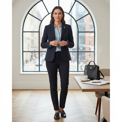 Women's Navy Tailored Check Tweed Blazer Formal Jacket - TPSTZ-7