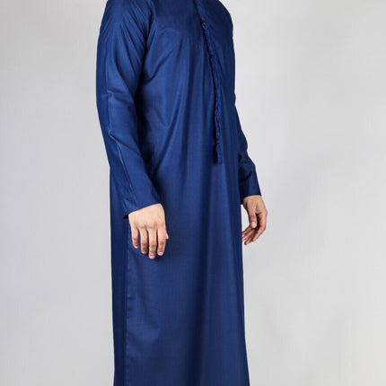 Men's Navy Blue Thobe Emirati Islamic Jubba Robe Eid Tassel Slim Fit