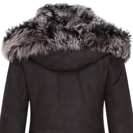 Womens Black Toscana Sheepskin Leather Hooded Trench Coat - Coast