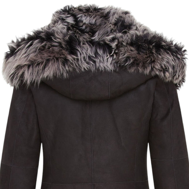 Womens Black Toscana Sheepskin Leather Hooded Trench Coat - Coast