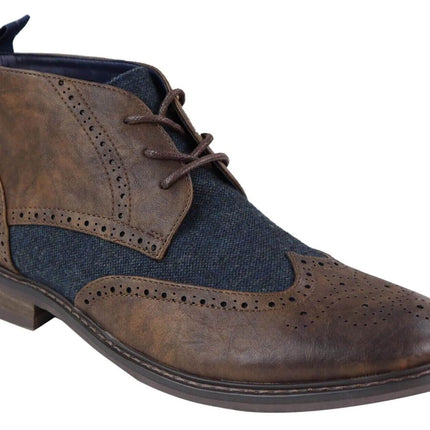 Mens Classic Tweed Oxford Brogue Ankle Boots In Brown Leather