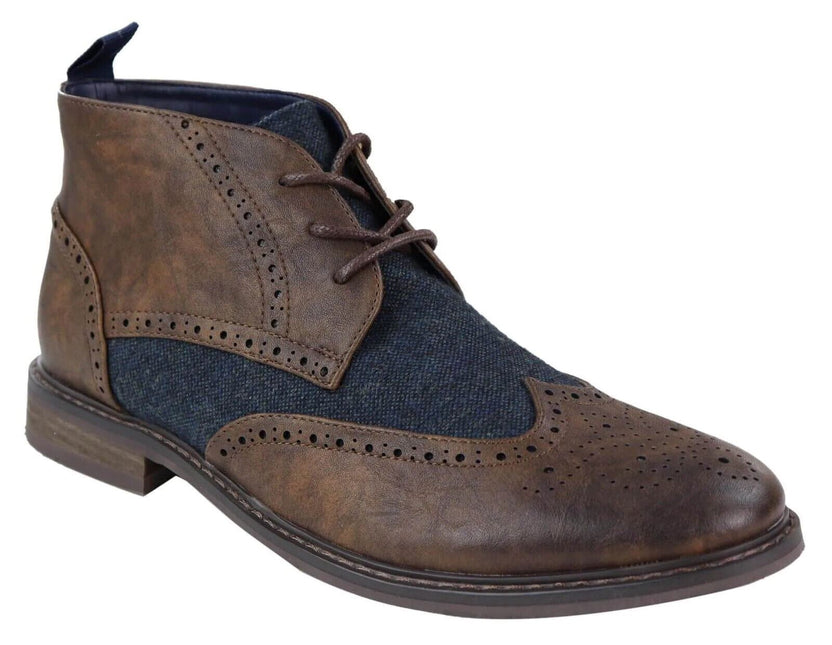 Mens Classic Tweed Oxford Brogue Ankle Boots In Brown Leather