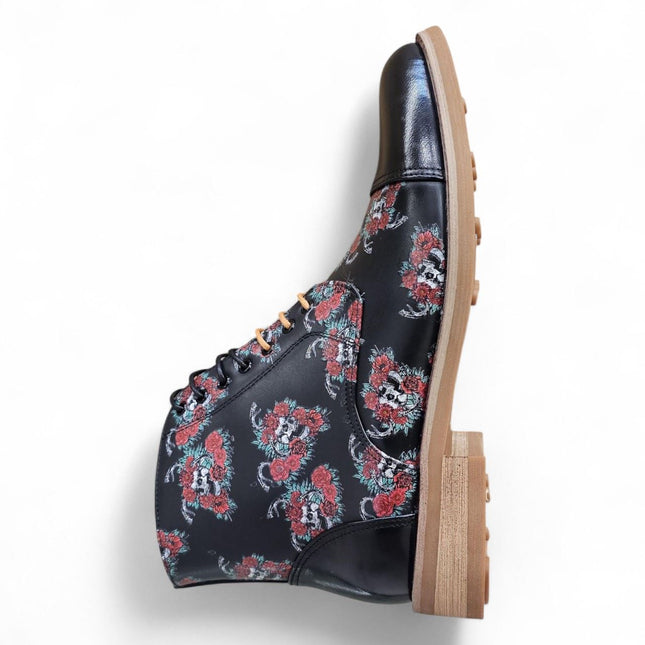 Justin Reess Men's Black Floral Skull Print Leather Oxford Ankle Boots - Adam Skull