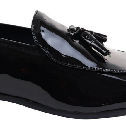 Mens Tasselled Black Patent Leather Slip On Loafers