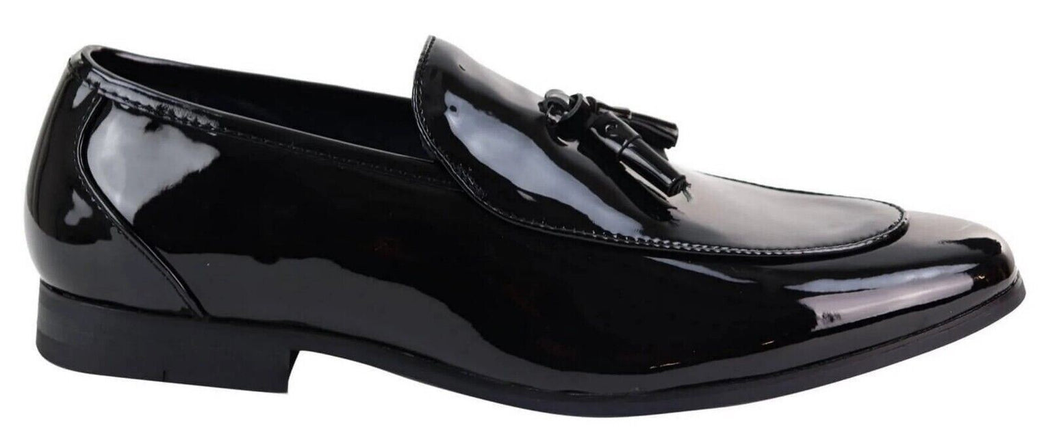 Mens Tasselled Black Patent Leather Slip On Loafers