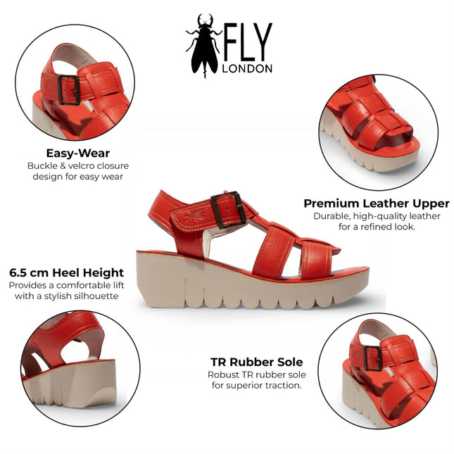 Fly London Women's YUDD236FLY Devil Red Leather Wedge Sandals