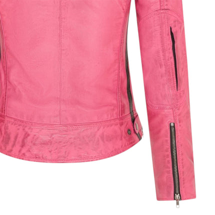 Womens Biker Racing Badges Fuschia Leather Jacket-Eastleigh