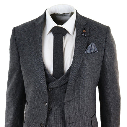 Mens Grey 3 Piece Tweed Suit Vintage Harringbone 1920s Retro Peaky Blinders