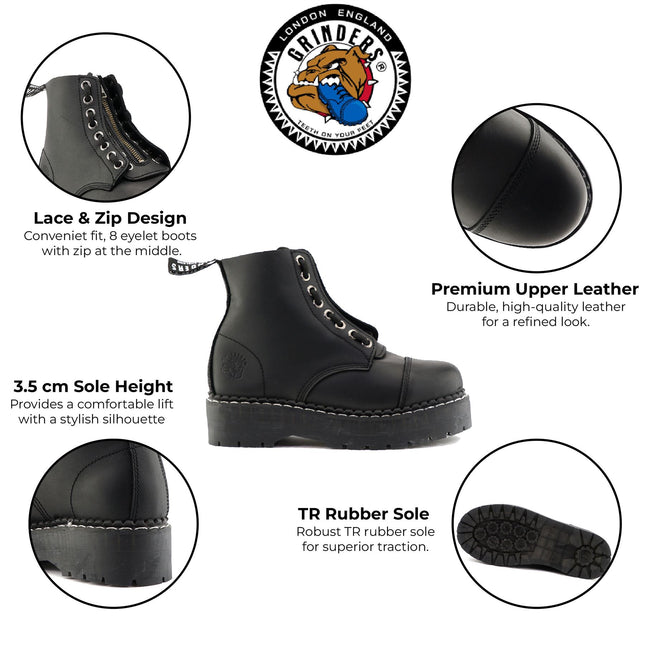 Grinders Unisex Black Cameron Acs Leather Ankle Casual Zip Boots