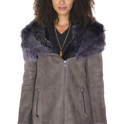 Womens Grey Suede Hooded Merino Sheepskin Coat-Monrovia