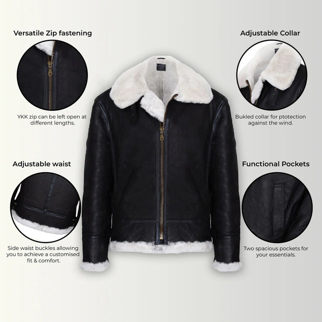 Mens B3 Aviator Real Sheepskin Leather Flying Jacket-Hobart
