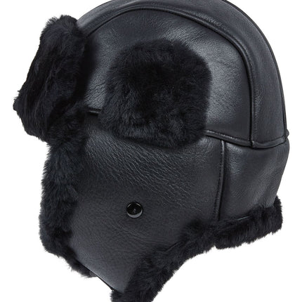 Mens Black RAF Aviator Sheepskin B-55 Trapper Hat Winter Warm Leather Navigator Hat