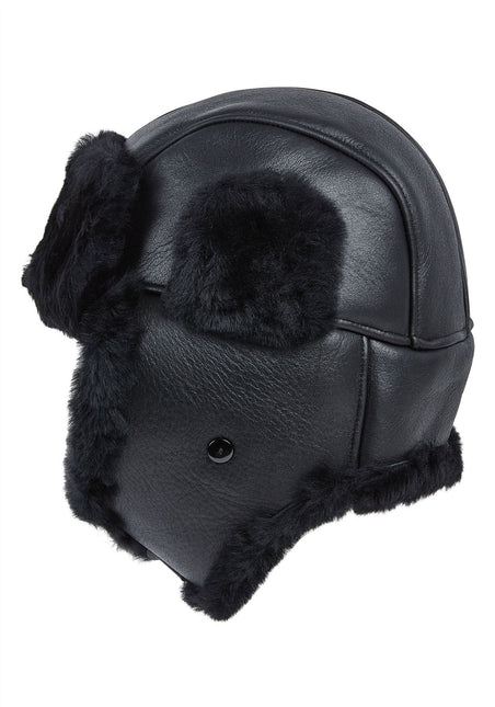 Mens Black RAF Aviator Sheepskin B-55 Trapper Hat Winter Warm Leather Navigator Hat