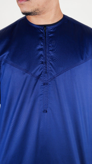 Men's Navy Blue Thobe Robe Satin Emirati Islamic Jubba Eid Slim Fit