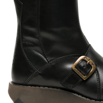 Fly London Womens Black Mes 2 Wedge Heel Buckle Mid-Calf Leather Zip Platform Boots