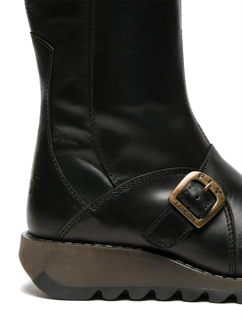 Fly London Womens Black Mes 2 Wedge Heel Buckle Mid-Calf Leather Zip Platform Boots