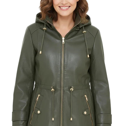 Women's Green Leather Parka Detachable Borg Hooded Trench Coat - Trekker