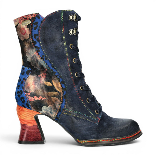 Laura Vita Women's Goth Victorian Floral Blue Leather Lace-Up Heeled Boots - Eleao-42