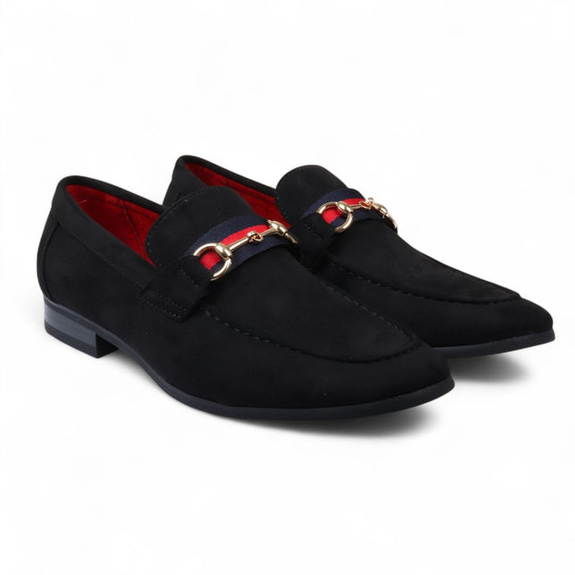 Men's Black Suede Loafers with Gold Buckle Slip-On Dress Shoes