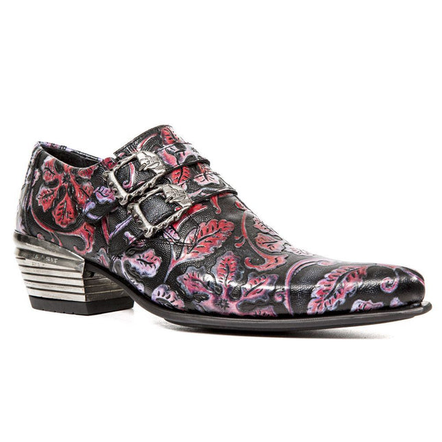 New Rock Vintage Red Floral Leather Buckle Shoes - 7960-S6