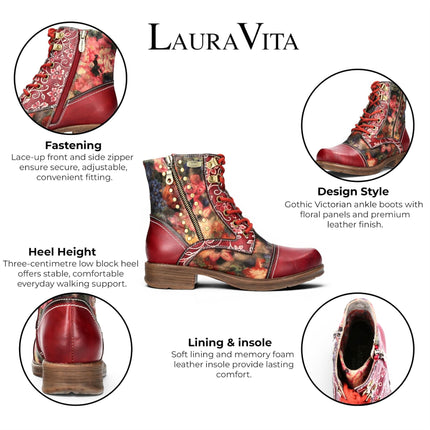 Laura Vita Women's Red Floral Victorian Leather Lace-up Ankle Boots - Anitao - 11