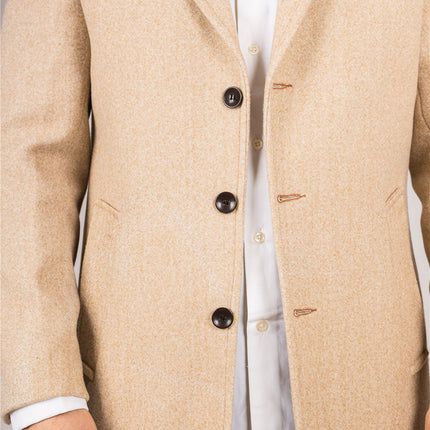 Men's Notched Lapel Collar Wool Blend Beige Overcoat
