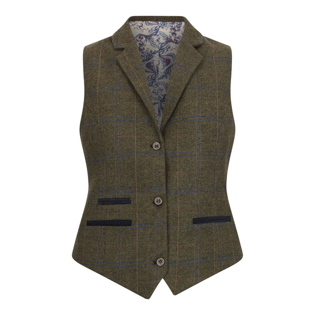 Women's Olive Tailored Fit Tweed Waistcoat in Herringbone Check