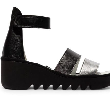 Fly London Women's Bono290Fly Silver Black Idra Leather Wedge Sandals
