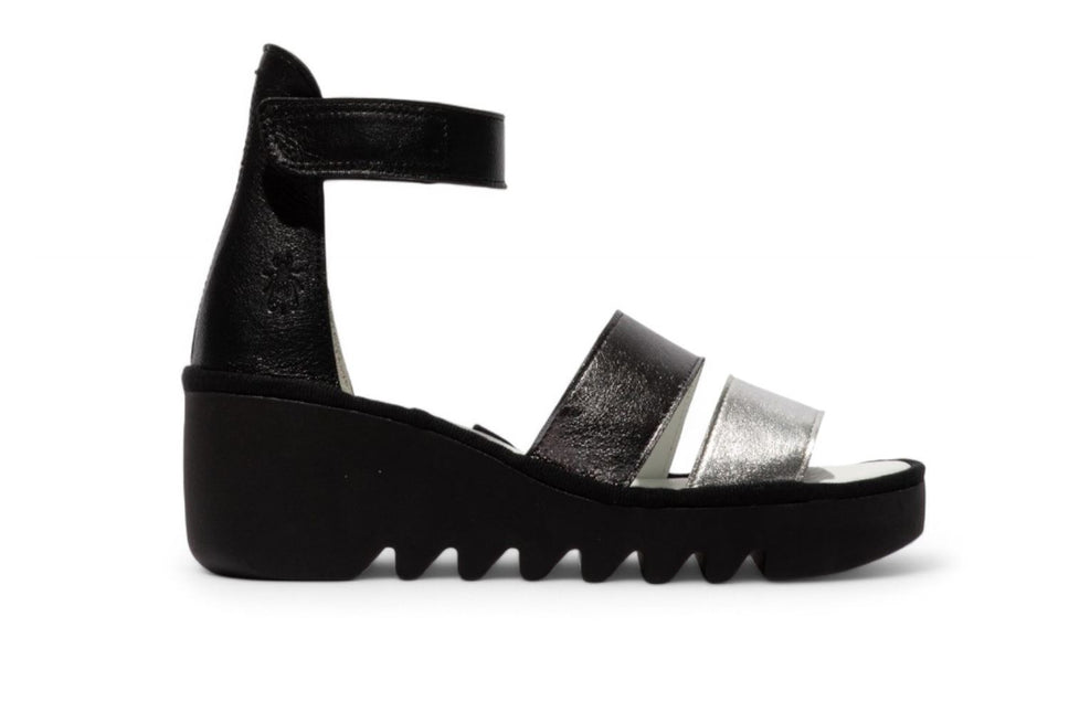 Fly London Women's Bono290Fly Silver Black Idra Leather Wedge Sandals