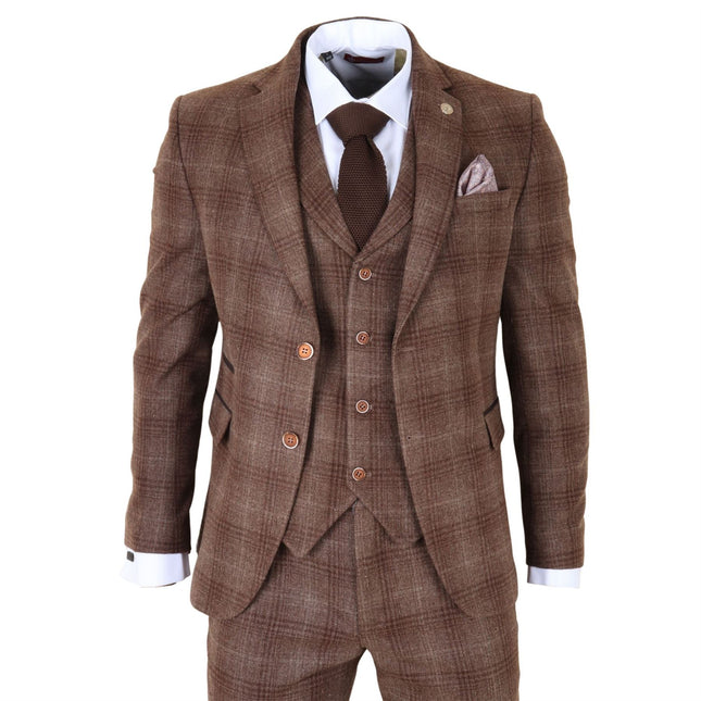 Men's Formal Brown Tweed  3 Piece Check Vintage Gatsby Style Suit