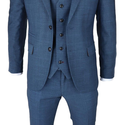 Mens 3 Piece Blue Suit Prince Of Wales Check Classic Light Tailored Fit Modern