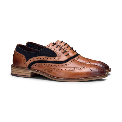 Mens Classic Oxford Tan Leather Gatsby Brogue Shoes With Navy Suede