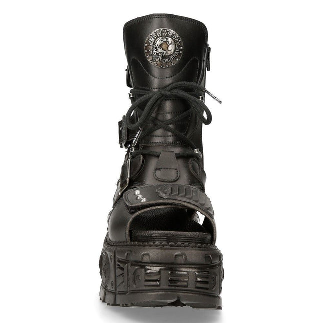 New Rock Unisex Black Vegan Leather Sandal Boots- Bios107-V1