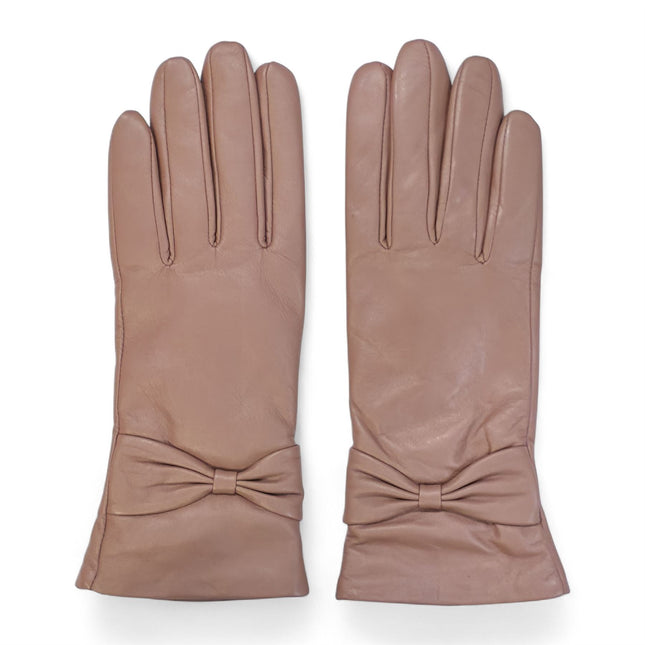 Womens Nude Beige Italian Leather Winter Bow Design Soft Wool Lining Gloves - L-GLV-401
