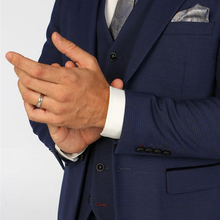 Men's Navy Checked 3 Piece Suit Tailored Fit Suit Formal Wedding