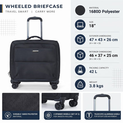 18" Black Wheeled Laptop Briefcase 1680D Polyester 4 Wheel Business Bag