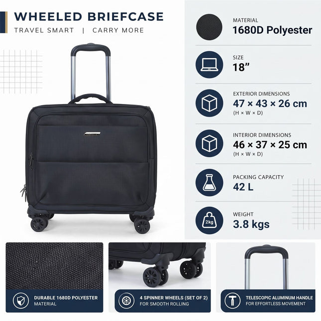 18" Black Wheeled Laptop Briefcase 1680D Polyester 4 Wheel Business Bag